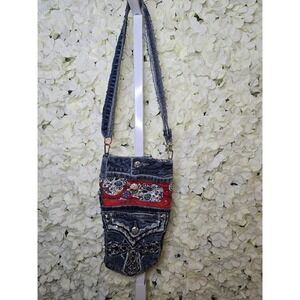 Upcycled Crossbody Purse,  Adjustable Strap,Pockets, Rhinestones , Sugar Skull